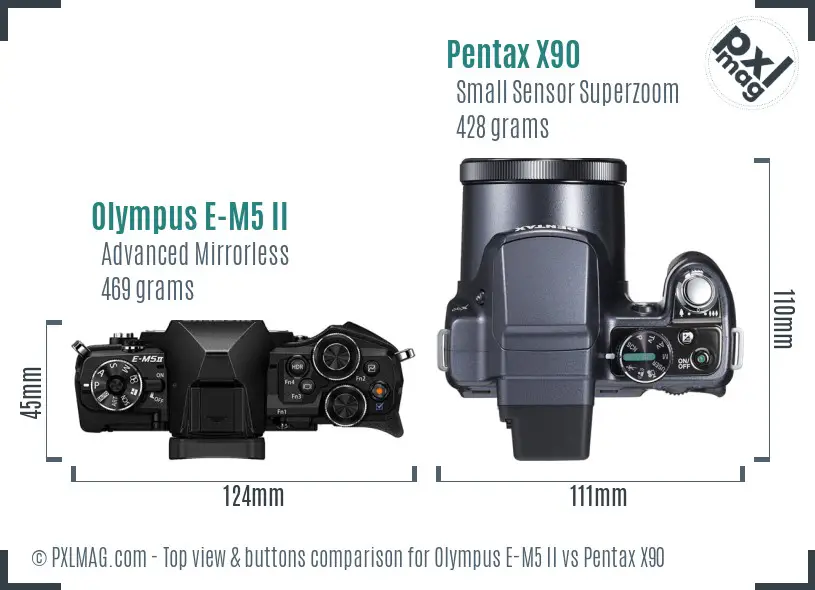 Olympus E-M5 II vs Pentax X90 top view buttons comparison