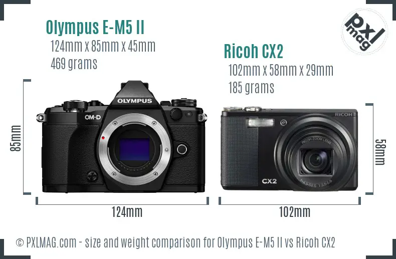 Olympus E-M5 II vs Ricoh CX2 size comparison