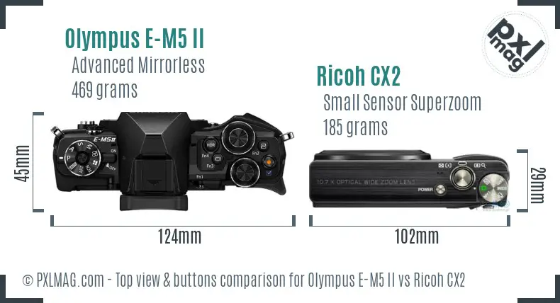 Olympus E-M5 II vs Ricoh CX2 top view buttons comparison