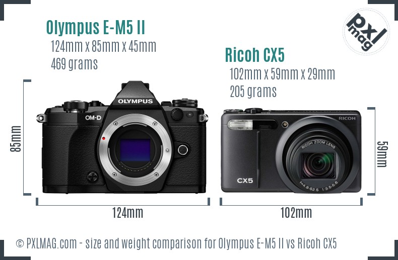 Olympus E-M5 II vs Ricoh CX5 size comparison