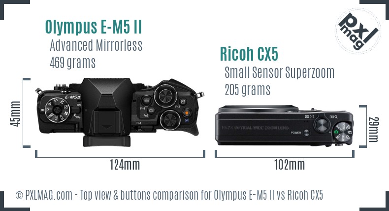 Olympus E-M5 II vs Ricoh CX5 top view buttons comparison