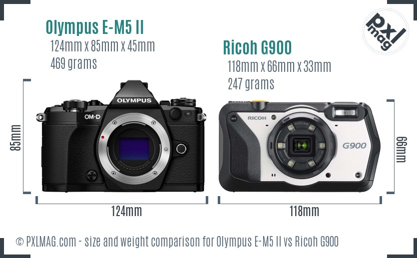 Olympus E-M5 II vs Ricoh G900 size comparison Olympus E-M5 II vs Ricoh G900 size comparison