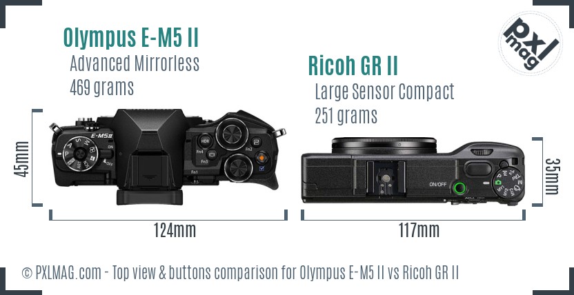 Olympus E-M5 II vs Ricoh GR II top view buttons comparison
