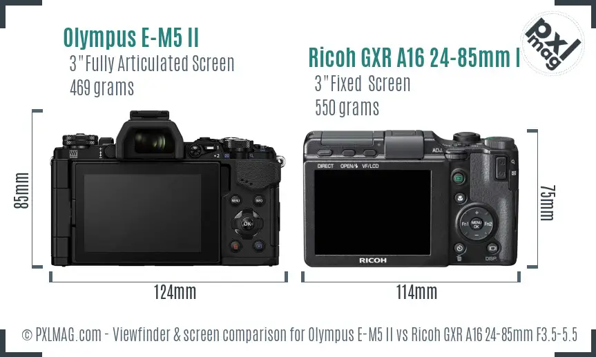 Olympus E-M5 II vs Ricoh GXR A16 24-85mm F3.5-5.5 Screen and Viewfinder comparison Olympus E-M5 II vs Ricoh GXR A16 24-85mm F3.5-5.5 Screen and Viewfinder comparison