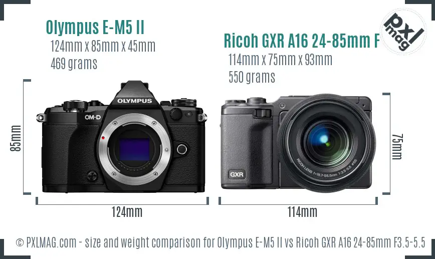 Olympus E-M5 II vs Ricoh GXR A16 24-85mm F3.5-5.5 size comparison Olympus E-M5 II vs Ricoh GXR A16 24-85mm F3.5-5.5 size comparison
