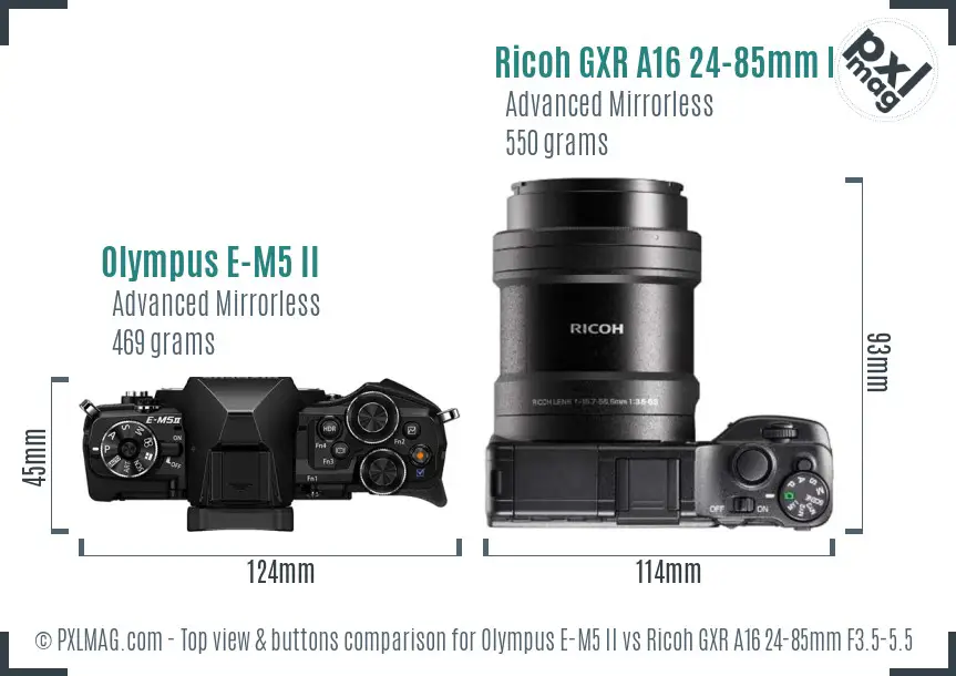 Olympus E-M5 II vs Ricoh GXR A16 24-85mm F3.5-5.5 top view buttons comparison Olympus E-M5 II vs Ricoh GXR A16 24-85mm F3.5-5.5 top view buttons comparison