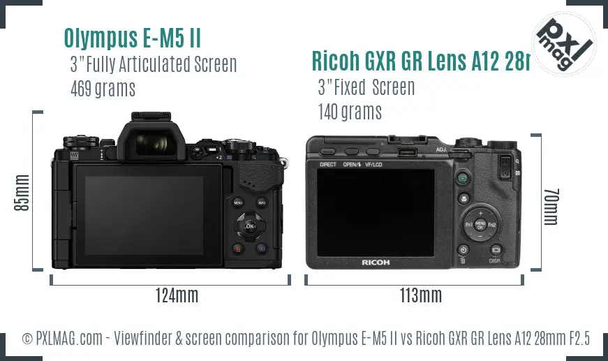 Olympus E-M5 II vs Ricoh GXR GR Lens A12 28mm F2.5 Screen and Viewfinder comparison