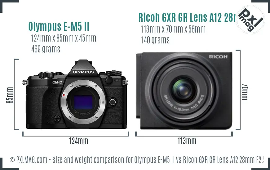 Olympus E-M5 II vs Ricoh GXR GR Lens A12 28mm F2.5 size comparison