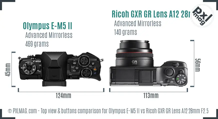 Olympus E-M5 II vs Ricoh GXR GR Lens A12 28mm F2.5 top view buttons comparison
