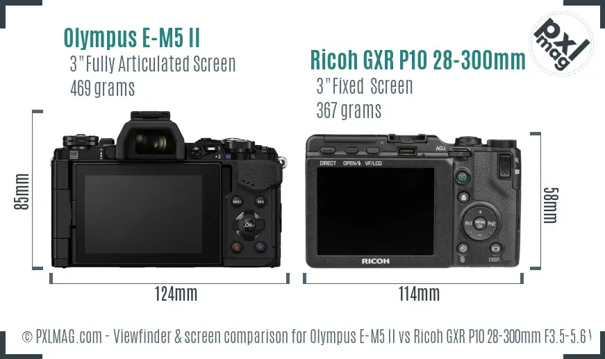 Olympus E-M5 II vs Ricoh GXR P10 28-300mm F3.5-5.6 VC Screen and Viewfinder comparison