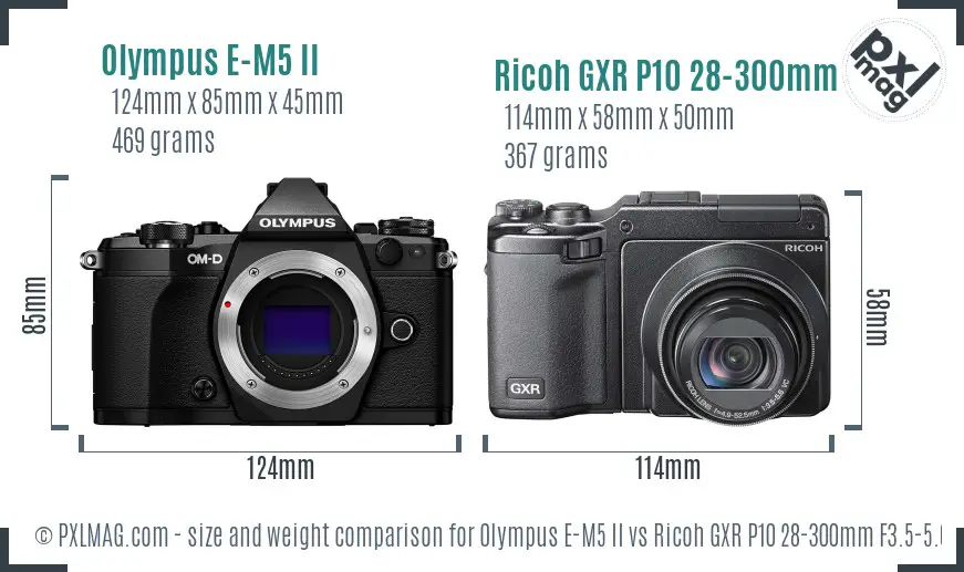 Olympus E-M5 II vs Ricoh GXR P10 28-300mm F3.5-5.6 VC size comparison