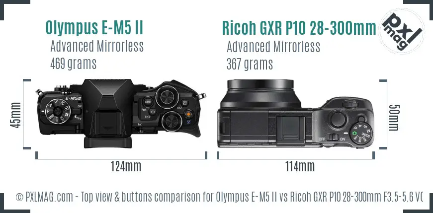 Olympus E-M5 II vs Ricoh GXR P10 28-300mm F3.5-5.6 VC top view buttons comparison