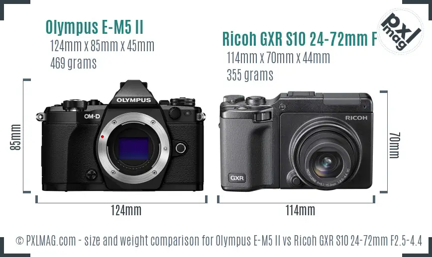 Olympus E-M5 II vs Ricoh GXR S10 24-72mm F2.5-4.4 VC size comparison