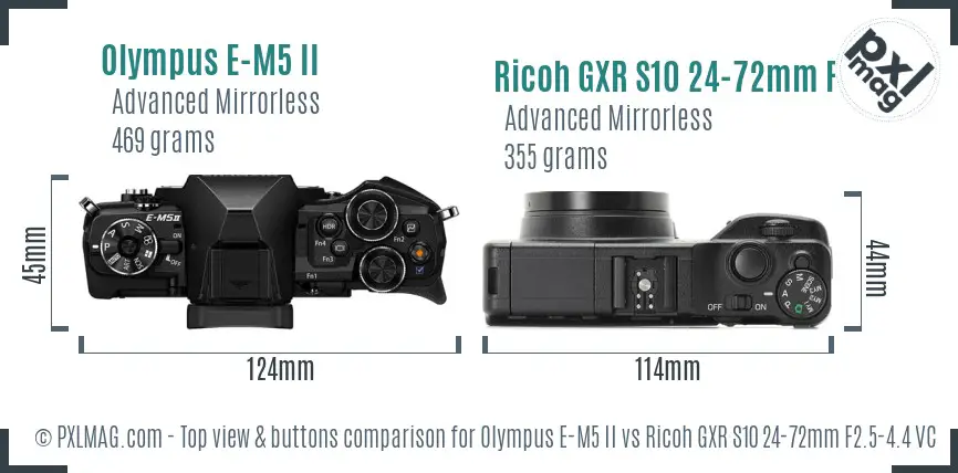 Olympus E-M5 II vs Ricoh GXR S10 24-72mm F2.5-4.4 VC top view buttons comparison