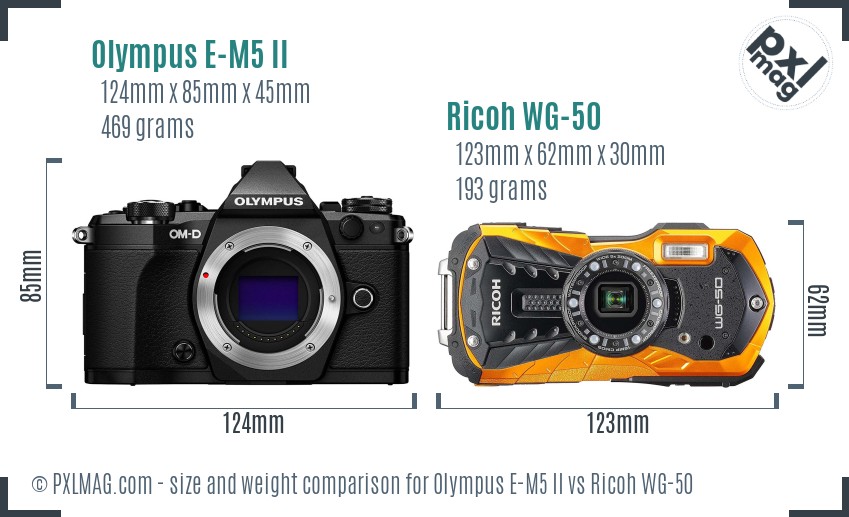 Olympus E-M5 II vs Ricoh WG-50 size comparison