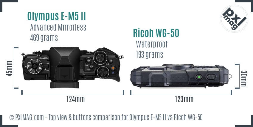 Olympus E-M5 II vs Ricoh WG-50 top view buttons comparison