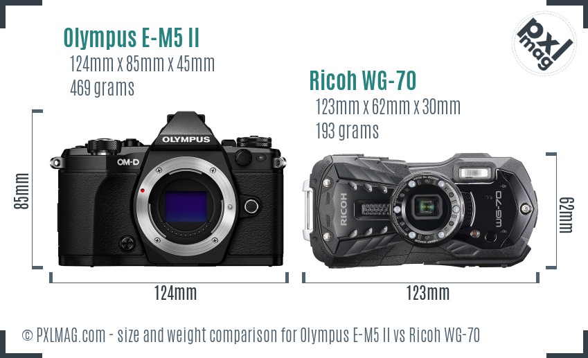 Olympus E-M5 II vs Ricoh WG-70 size comparison