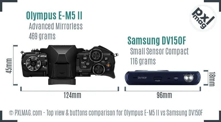 Olympus E-M5 II vs Samsung DV150F top view buttons comparison