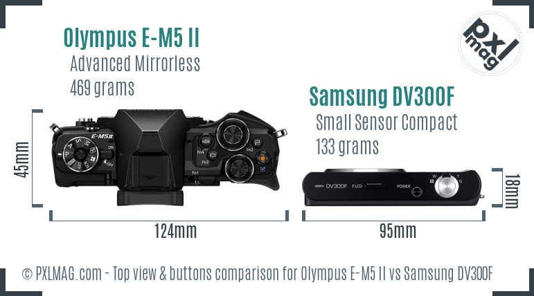 Olympus E-M5 II vs Samsung DV300F top view buttons comparison