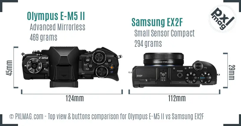 Olympus E-M5 II vs Samsung EX2F top view buttons comparison