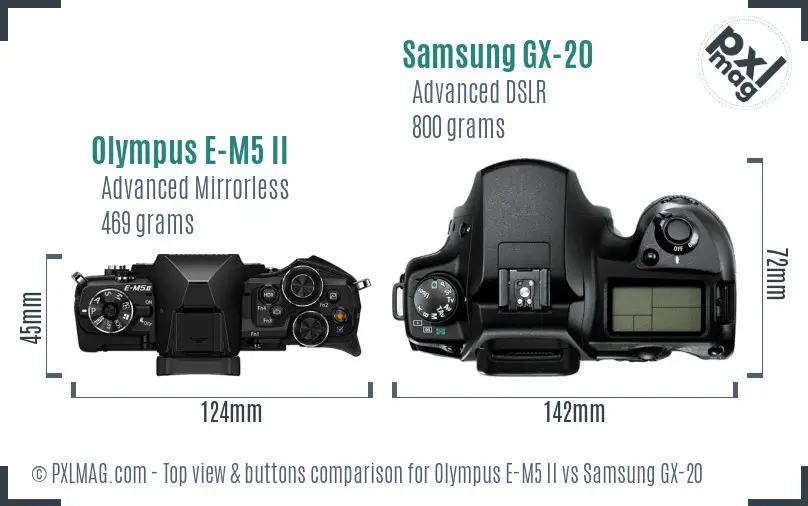 Olympus E-M5 II vs Samsung GX-20 top view buttons comparison Olympus E-M5 II vs Samsung GX-20 top view buttons comparison