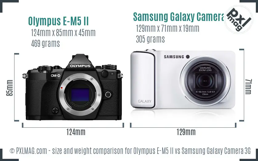 Olympus E-M5 II vs Samsung Galaxy Camera 3G size comparison