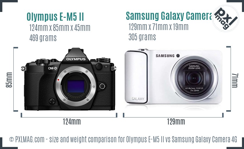 Olympus E-M5 II vs Samsung Galaxy Camera 4G size comparison