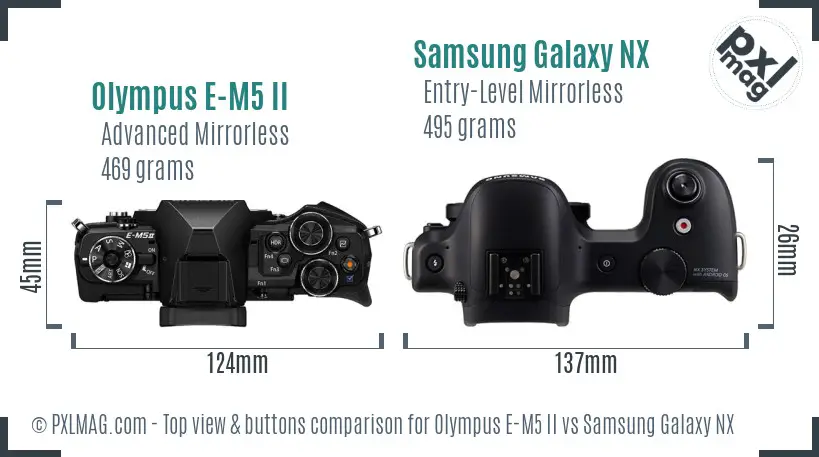 Olympus E-M5 II vs Samsung Galaxy NX top view buttons comparison