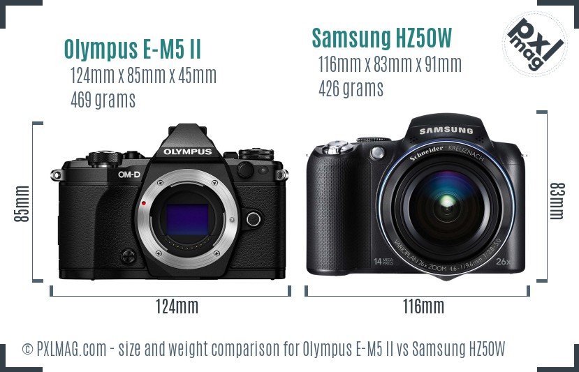 Olympus E-M5 II vs Samsung HZ50W size comparison