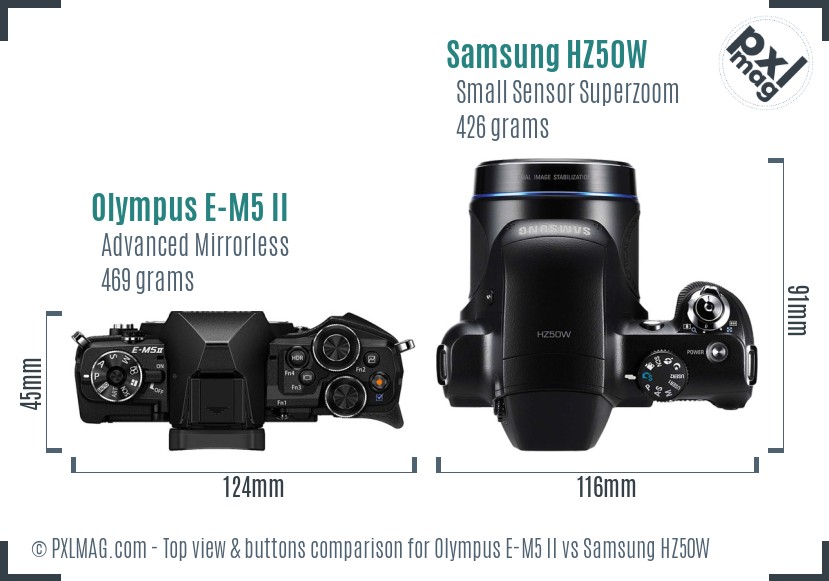 Olympus E-M5 II vs Samsung HZ50W top view buttons comparison