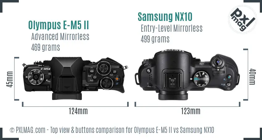 Olympus E-M5 II vs Samsung NX10 top view buttons comparison