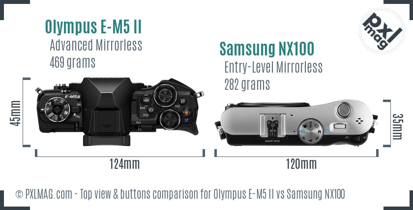 Olympus E-M5 II vs Samsung NX100 top view buttons comparison