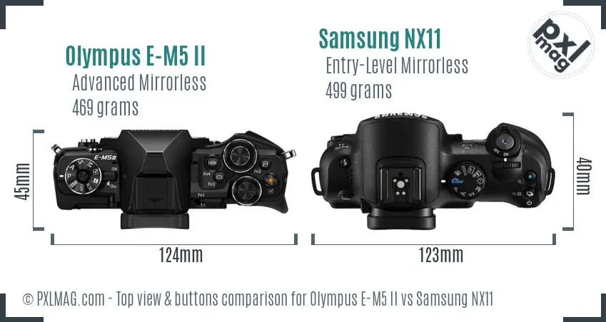 Olympus E-M5 II vs Samsung NX11 top view buttons comparison