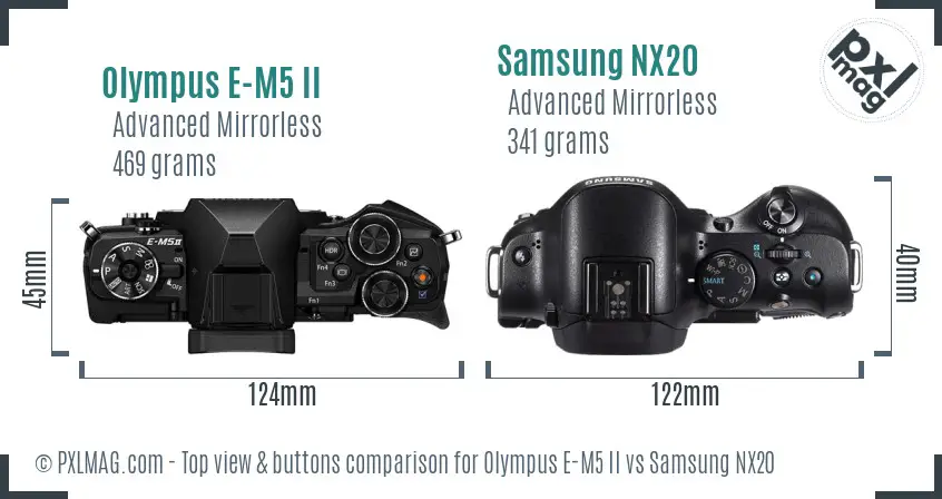 Olympus E-M5 II vs Samsung NX20 top view buttons comparison