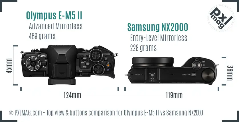 Olympus E-M5 II vs Samsung NX2000 top view buttons comparison