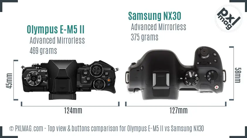 Olympus E-M5 II vs Samsung NX30 top view buttons comparison