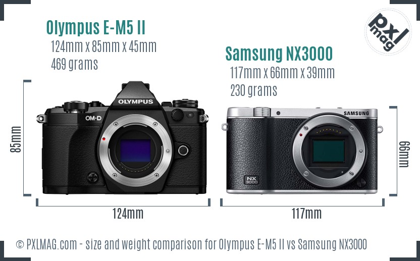 Olympus E-M5 II vs Samsung NX3000 size comparison Olympus E-M5 II vs Samsung NX3000 size comparison
