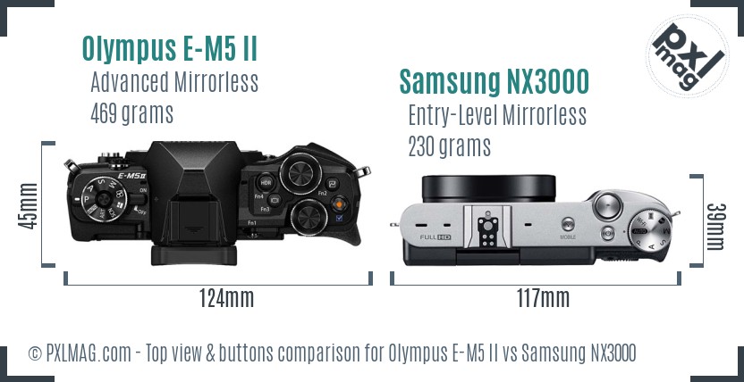 Olympus E-M5 II vs Samsung NX3000 top view buttons comparison