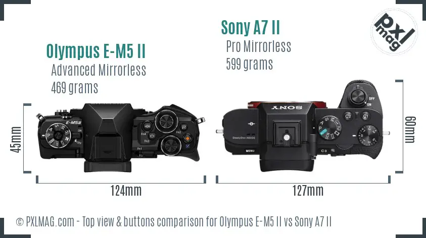 Olympus E-M5 II vs Sony A7 II top view buttons comparison