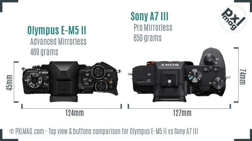 Olympus E-M5 II vs Sony A7 III top view buttons comparison