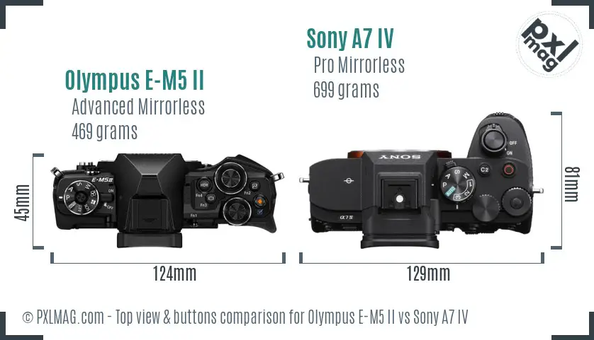 Olympus E-M5 II vs Sony A7 IV top view buttons comparison