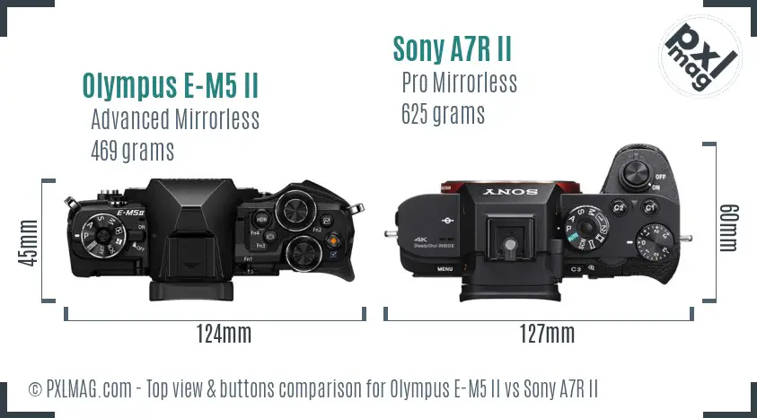 Olympus E-M5 II vs Sony A7R II top view buttons comparison
