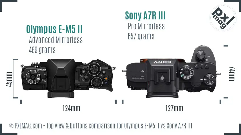 Olympus E-M5 II vs Sony A7R III top view buttons comparison