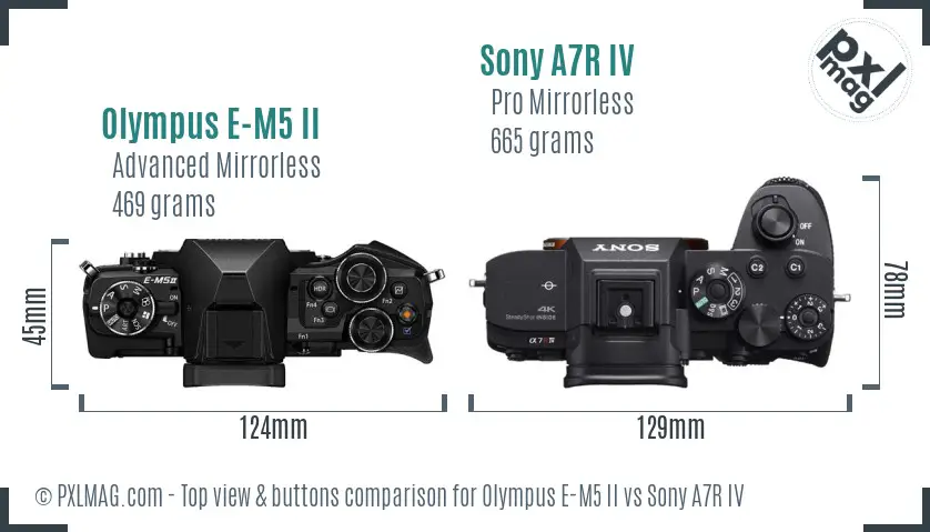 Olympus E-M5 II vs Sony A7R IV top view buttons comparison