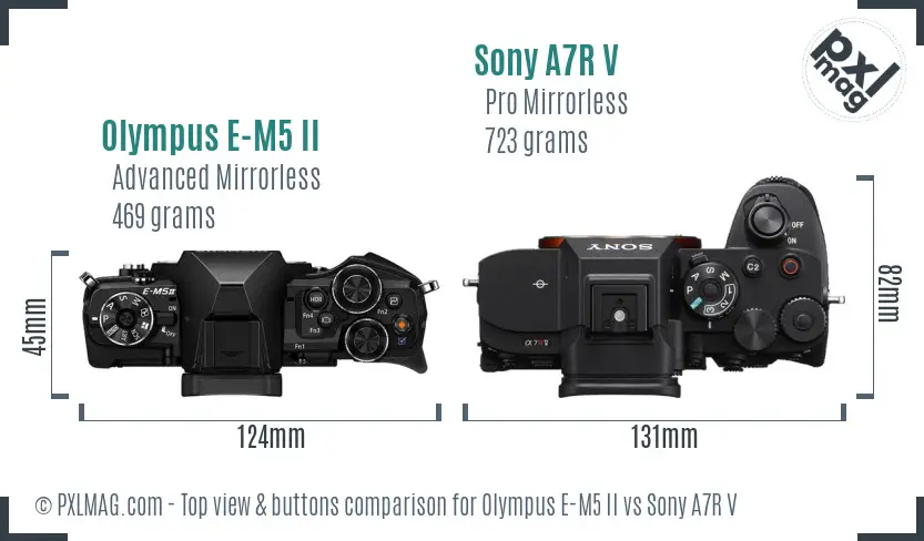 Olympus E-M5 II vs Sony A7R V top view buttons comparison