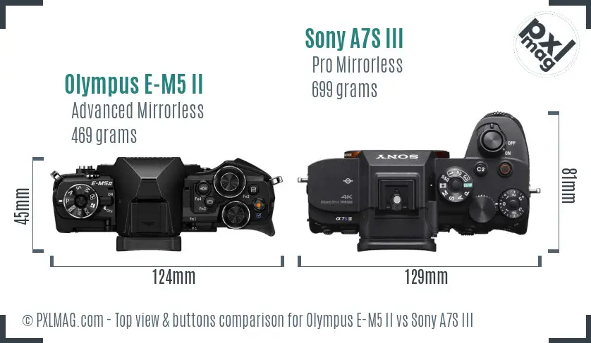 Olympus E-M5 II vs Sony A7S III top view buttons comparison