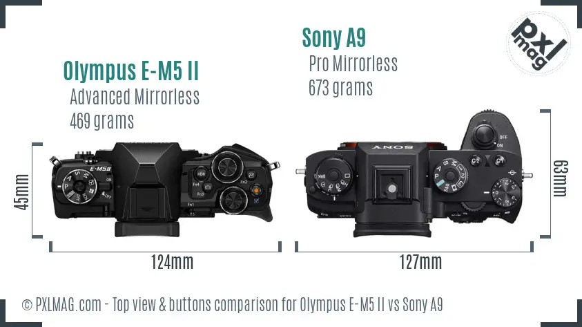 Olympus E-M5 II vs Sony A9 top view buttons comparison