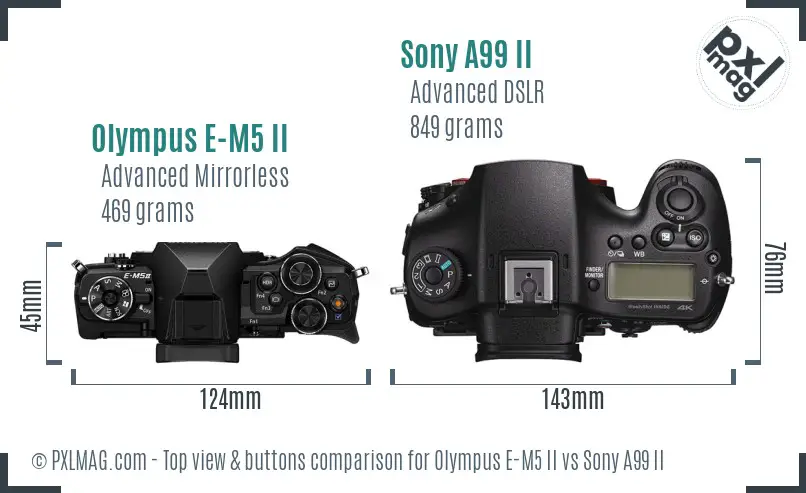 Olympus E-M5 II vs Sony A99 II top view buttons comparison