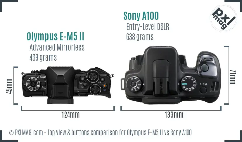 Olympus E-M5 II vs Sony A100 top view buttons comparison
