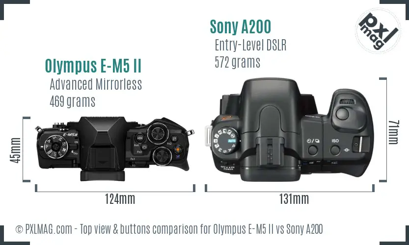 Olympus E-M5 II vs Sony A200 top view buttons comparison